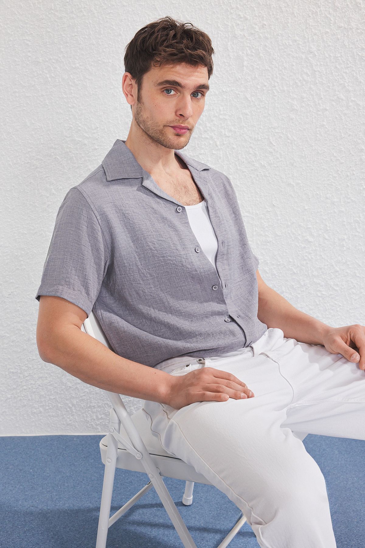 Trendyol Collection-Gray Regular Fit Linen Look Loose Draped Shirt Tmnss25Go00075 2