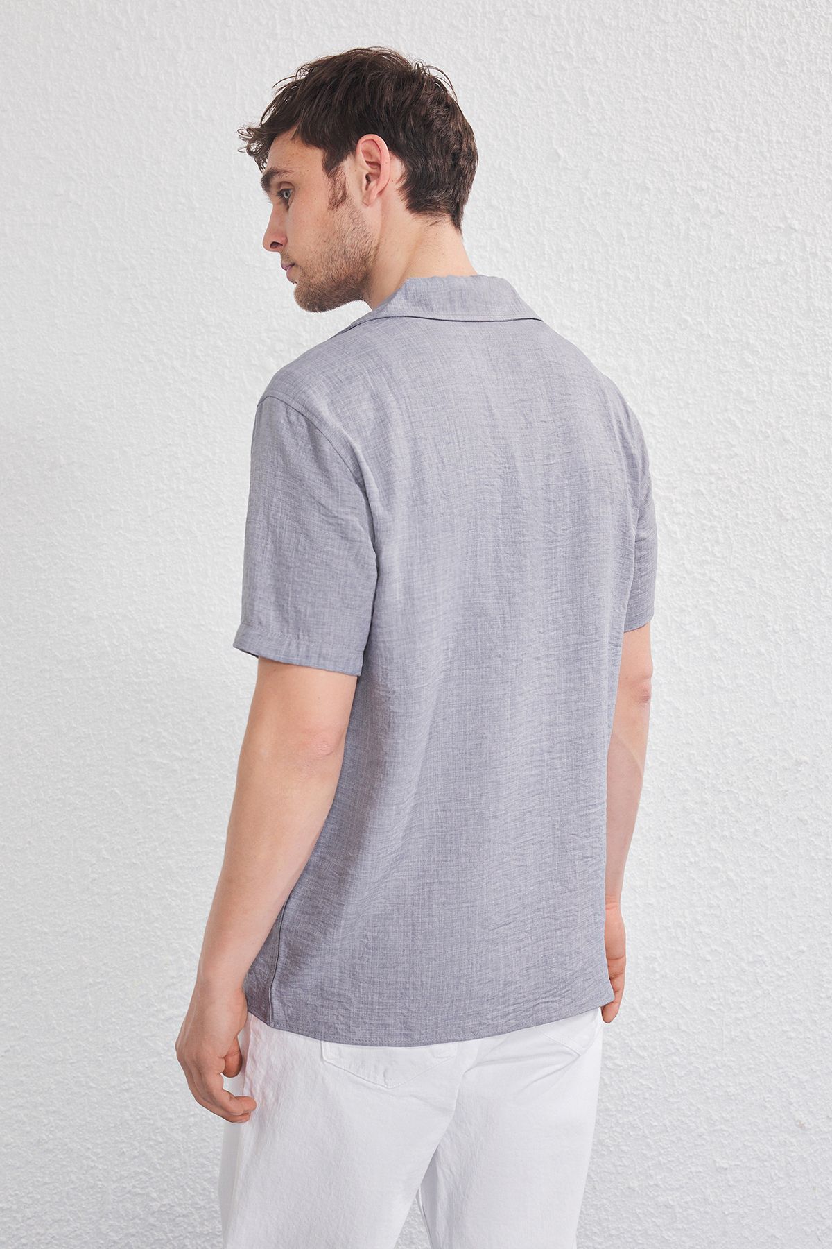 Trendyol Collection-Gray Regular Fit Linen Look Loose Draped Shirt Tmnss25Go00075 4