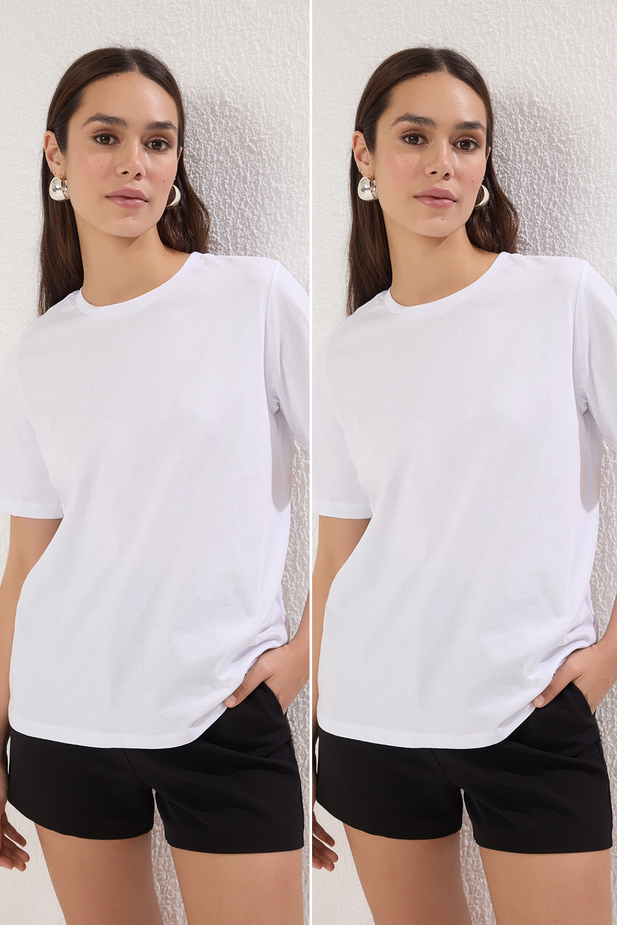 Trendyolmilla  Beyaz-Beyaz Basic %100 Pamuk Bisiklet Yaka 2'li Paket Örme T-Shirt TWOSS20TS0141