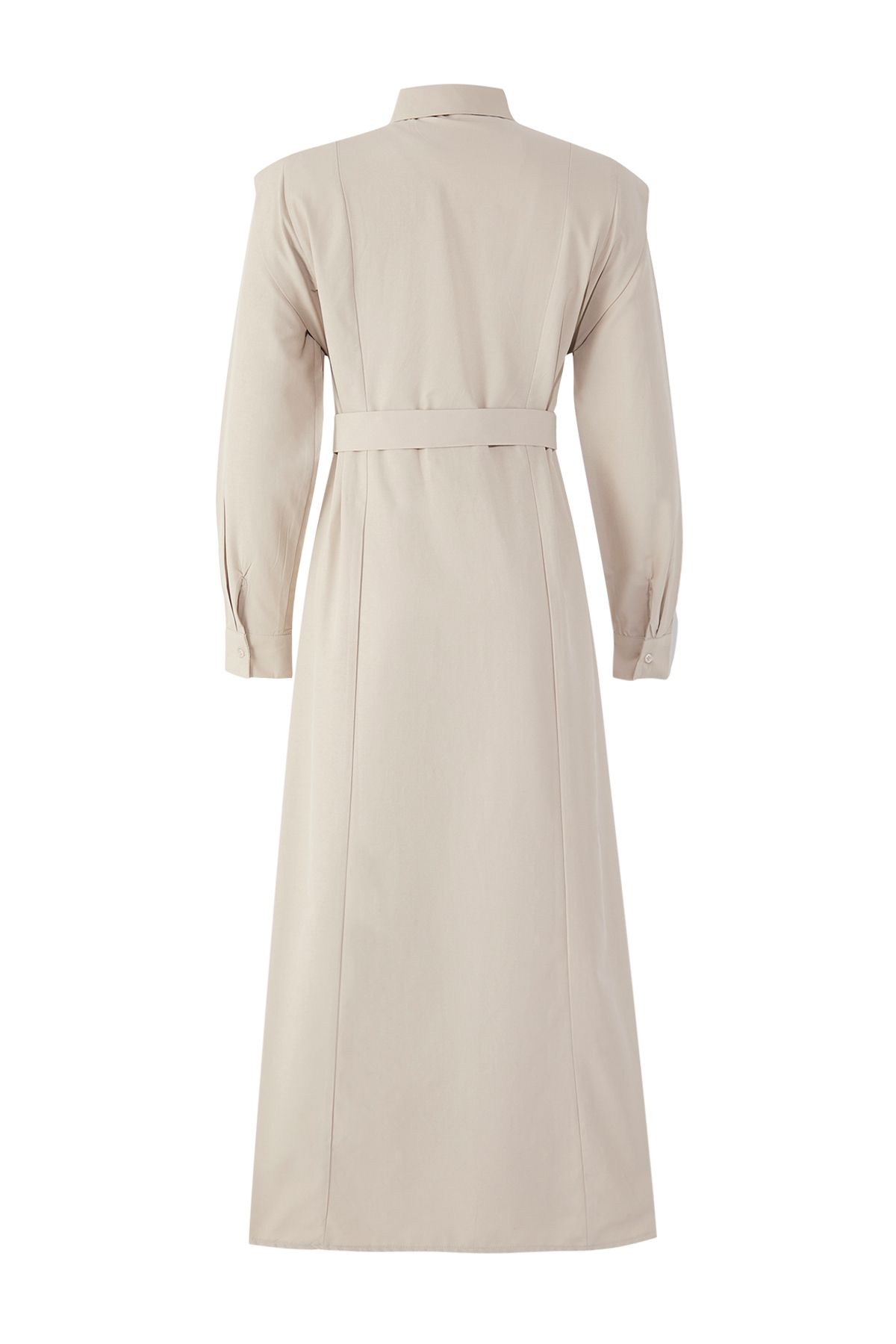 Trendyol Modest-Beigefarbenes Kleid aus gewebter Frottee mit Gürtelschnalle und detailliertem Detail TCTSS25EB00134 6
