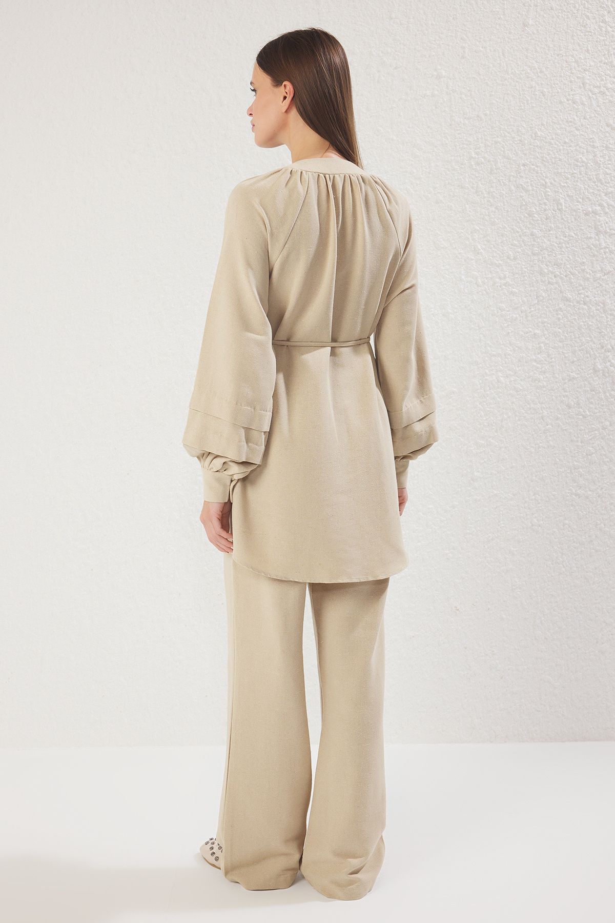 Trendyol Modest-Mink lenvászon kevert gyöngyház gombos szőtt alsó-felső készlet TCTSS25US00030 4