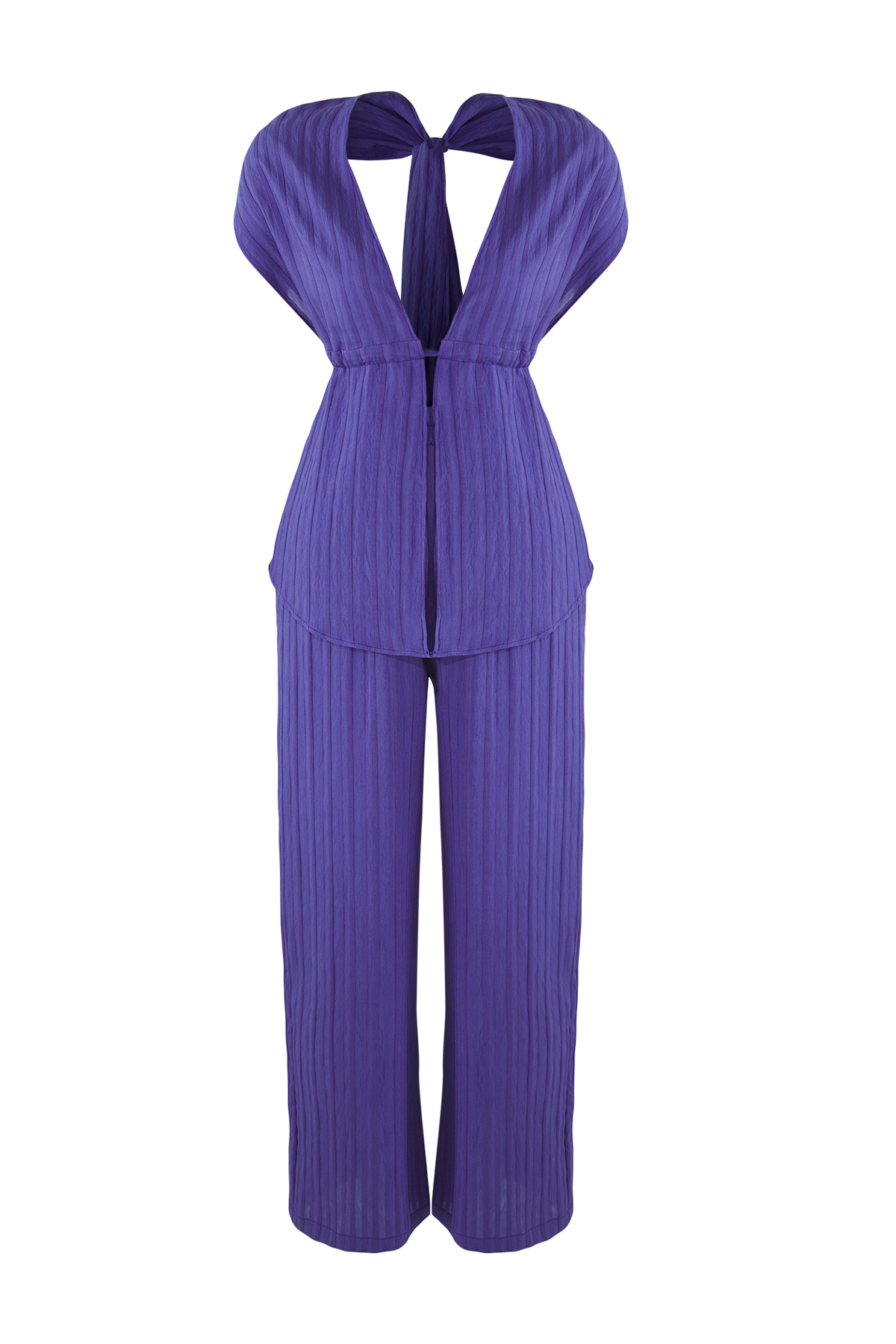 Trendyolmilla  Mor Dokuma Büzgülü Plaj Bluz-Pantolon Takım TBESS25AU00063 - Görsel 5