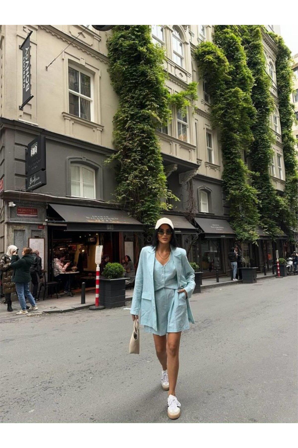 moda wanilia ÇİZGİLİ KETEN CEKET YELEK ŞORT TK - Yeşil