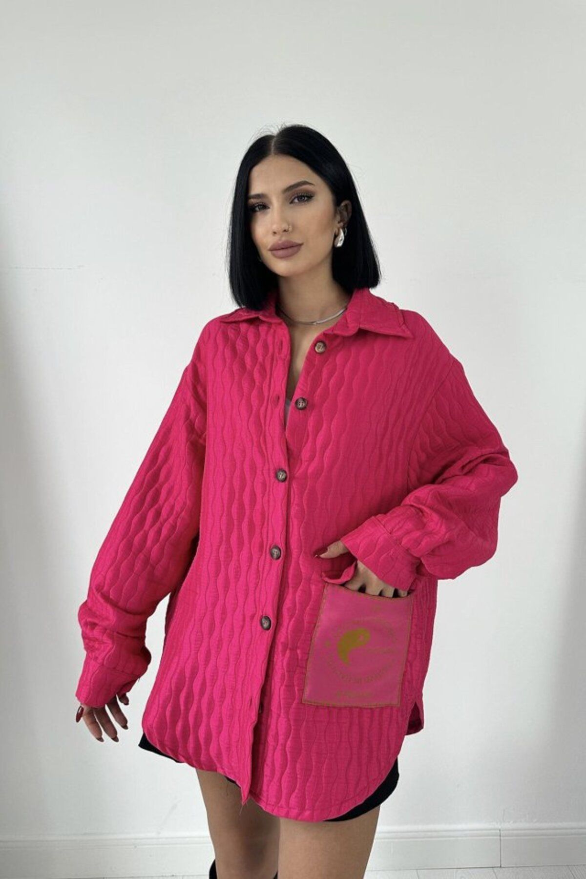 MRA Fashion Fuşya Cepli Kapitone Gömlek