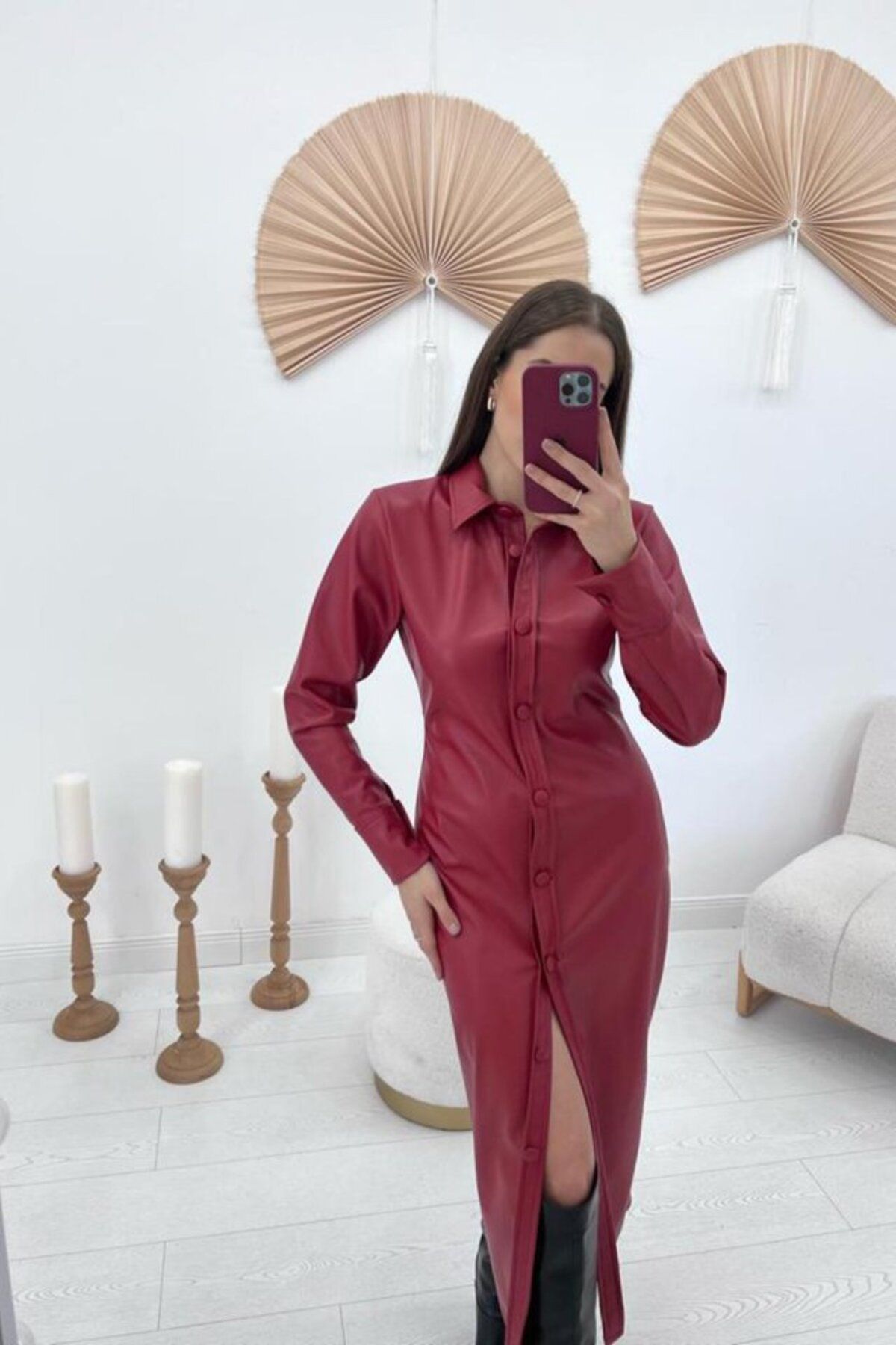 MRA Fashion Kırmızı Boydan Düğmeli Deri Elbise