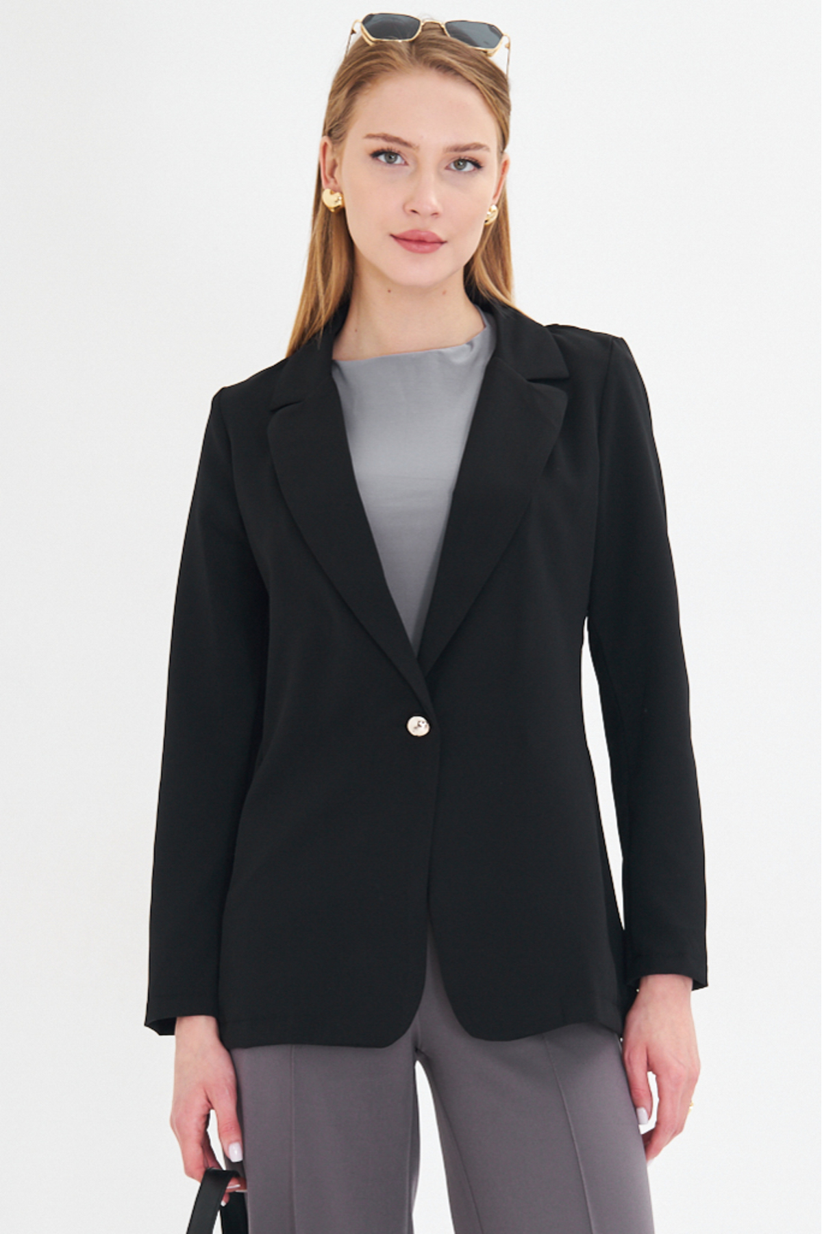 armonika  Kadın Siyah Tek Düğmeli Ceket Arm-23y001047 - Görsel 3