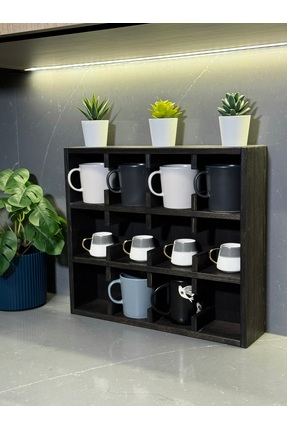 bevorev Dekoratif Ahşap Kupa Bardak Rafı, 12 Bölmeli Raf, Mutfak Rafı