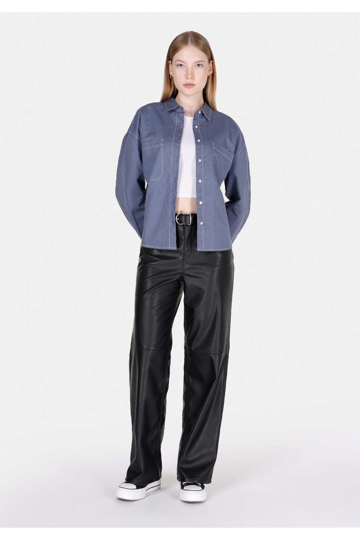 Colin's-Regular Fit Shirt Neck Plain Women's Blue Long Sleeve Shirt 3