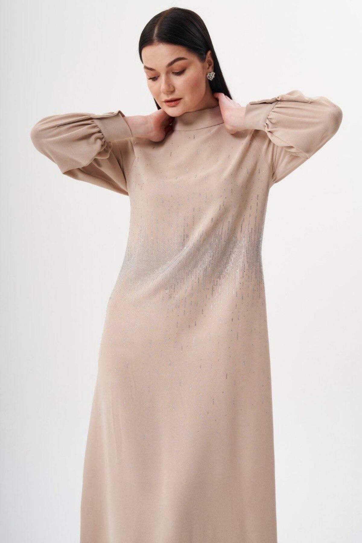 Jupe  Kadın Taş detaylı Krep Elbise 7244 - Görsel 6