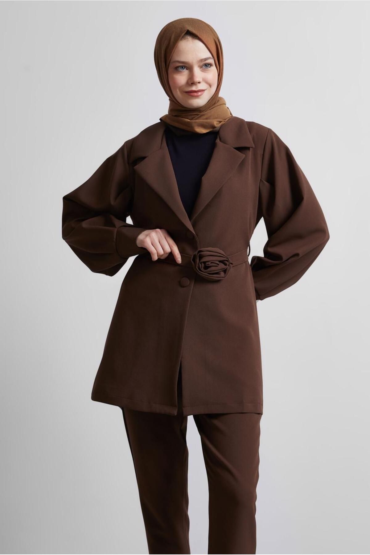 TRENDTESETTÜR-Women's Belted Brown Suit with Trousers t 5816 3