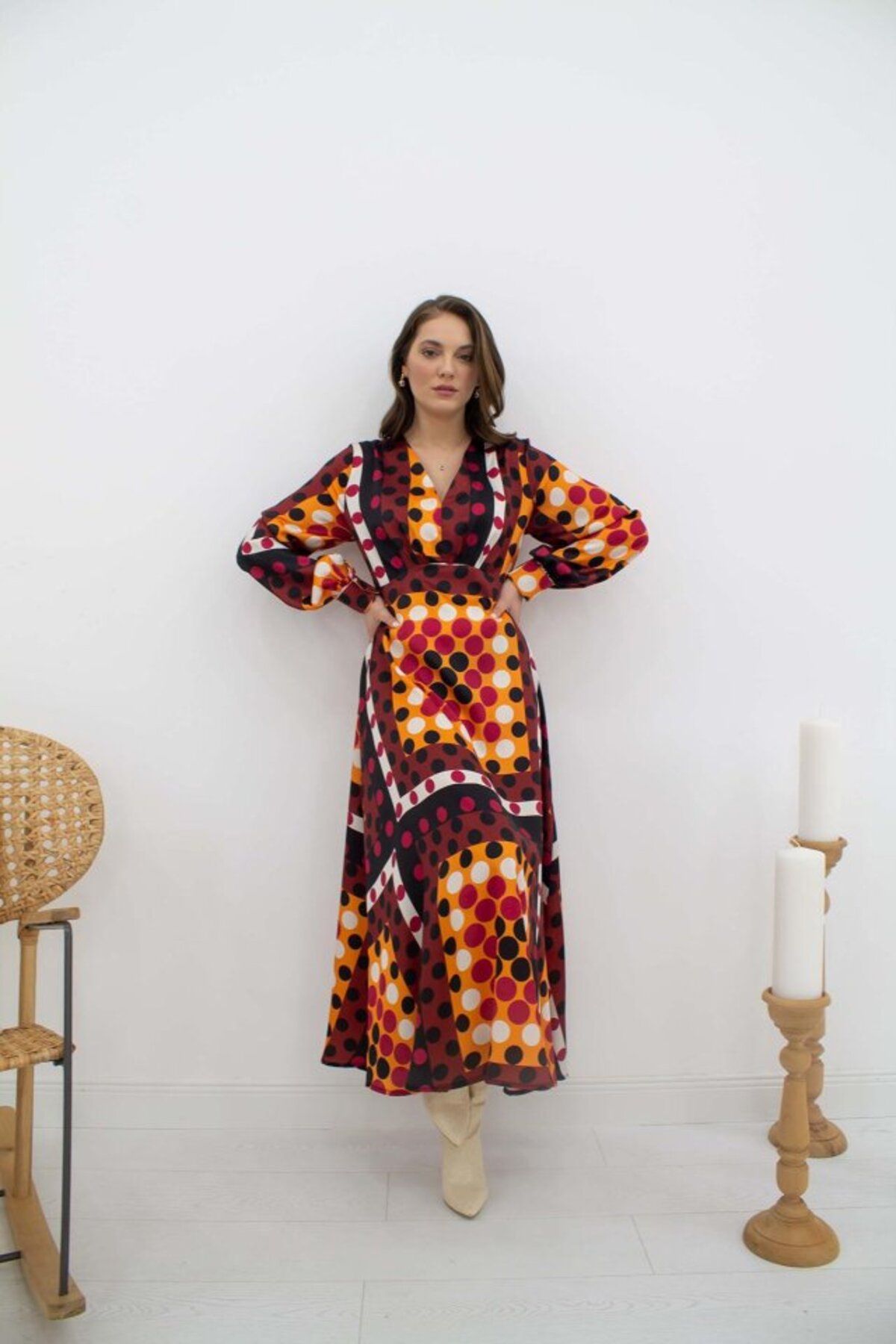 fh fashionhere Desenli Saten Uzun Elbise