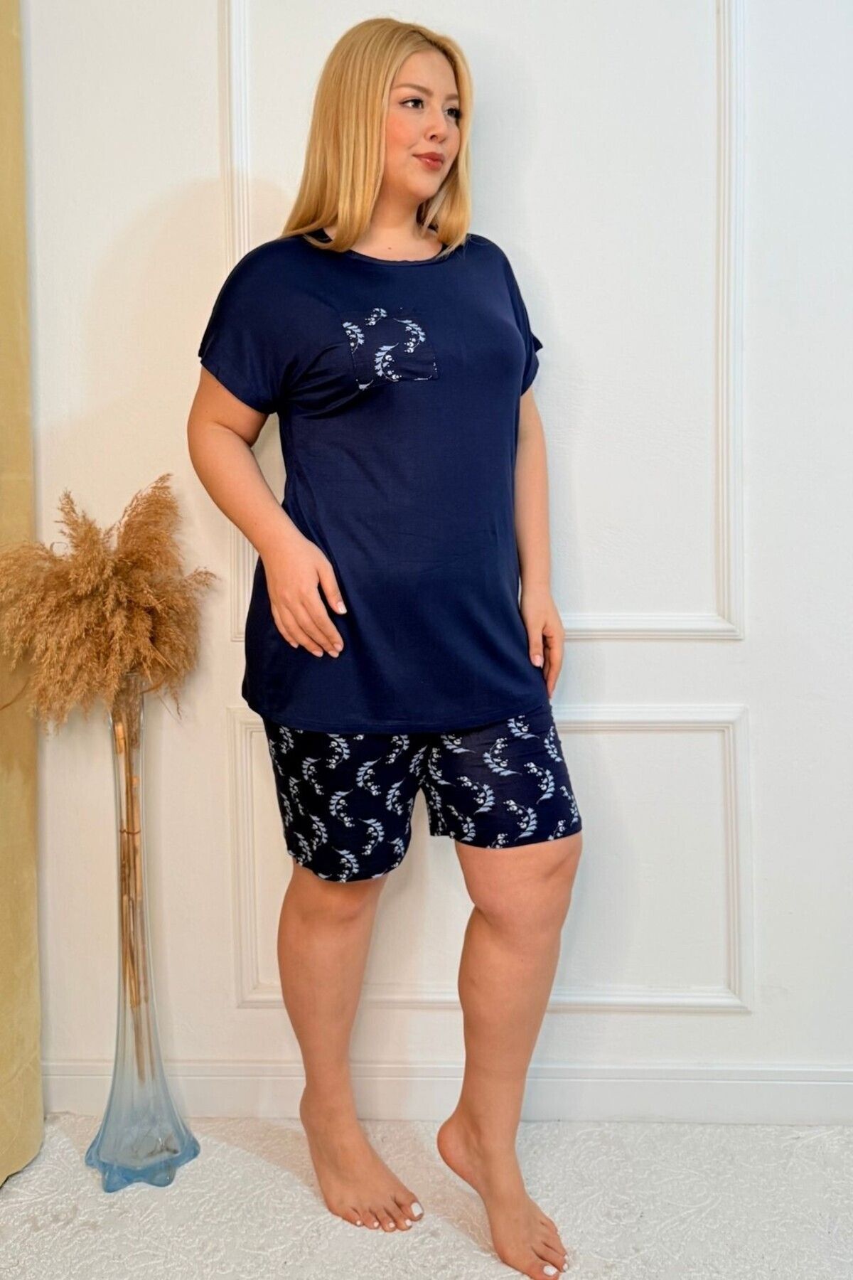 tarzımsüper-Plus Size Comfort Sleepwear Set with Bottom Top Shorts Patterned Double Cotton 2-Piece Bottom-Top Suit 6