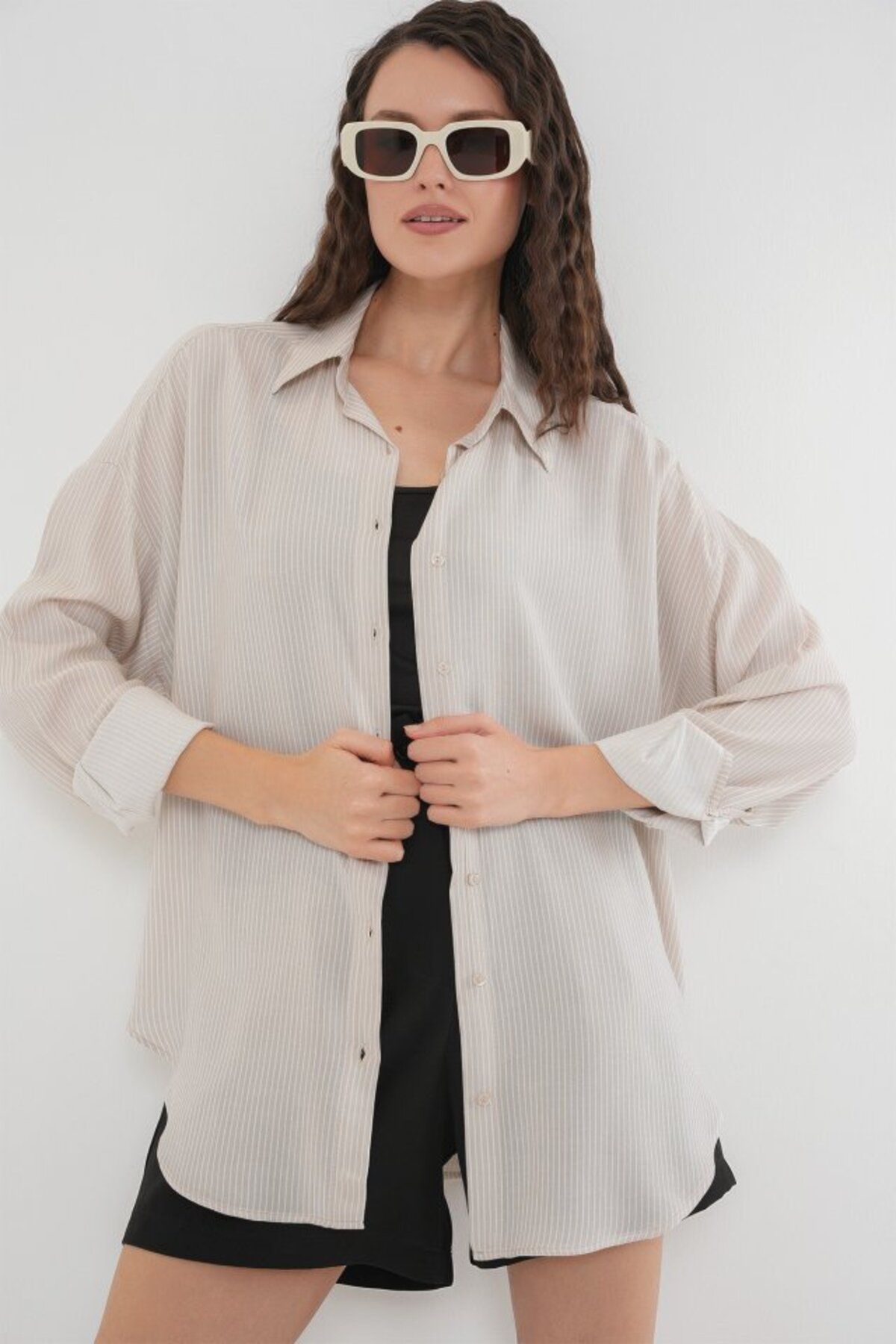 cibec Çizgili Oversize Gömlek 20295 - Krem