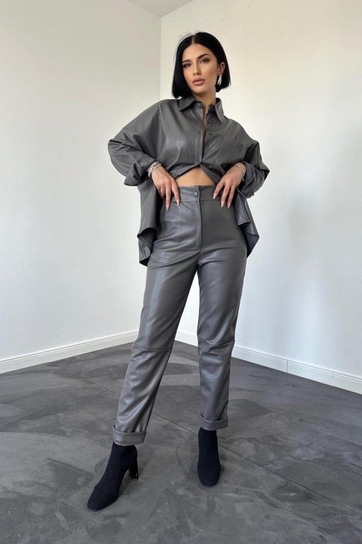 fh fashionhere Füme Deri Gömlek Ve Pantolon Takım