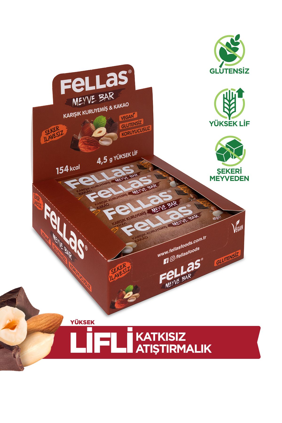 Fellas Meyve Bar - Karışık Kuruyemişli ve Kakaolu  40 gr x 12 Adet