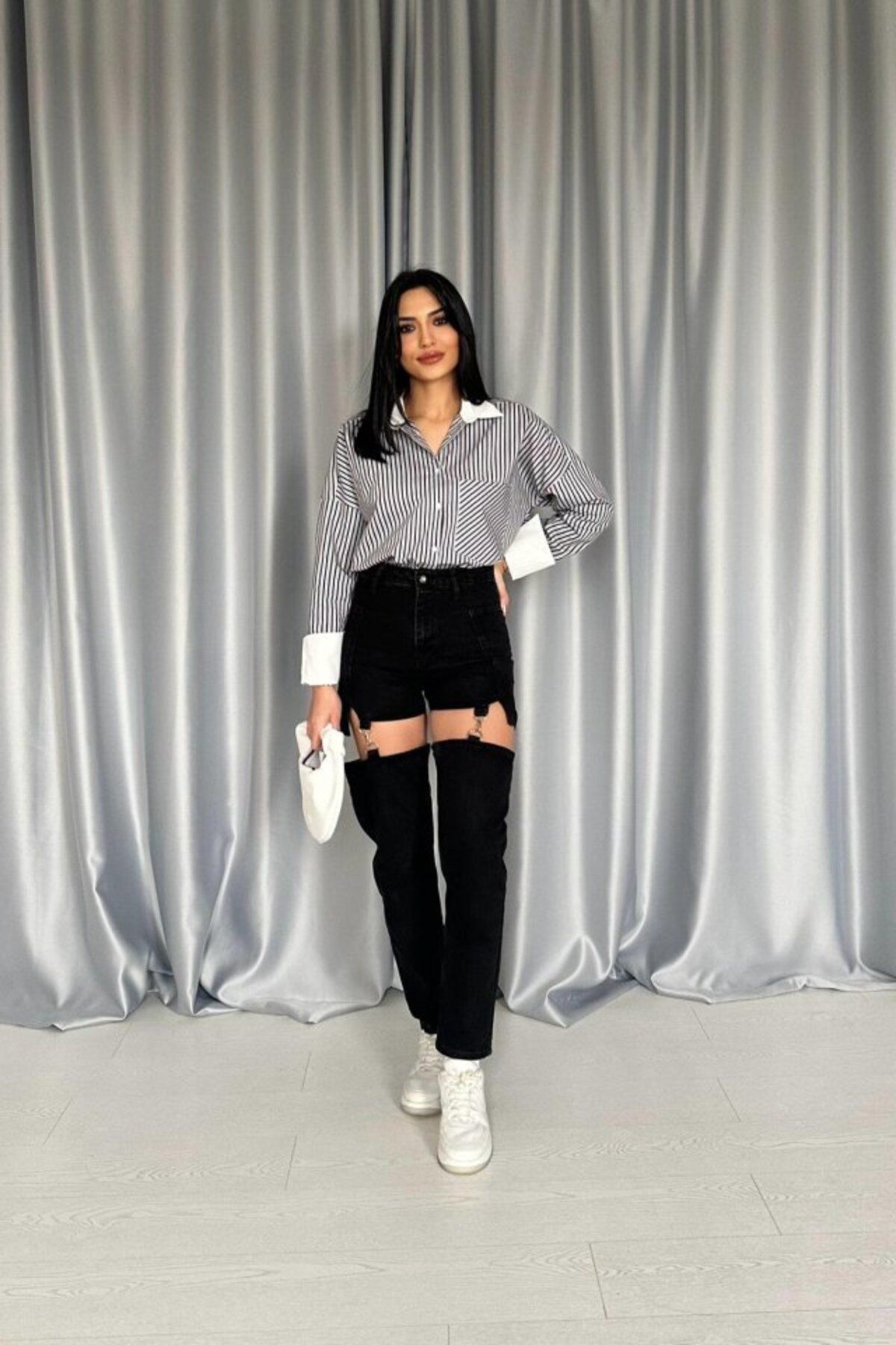 1001moda Siyah Askılı İki Parça Jeans Pantolon