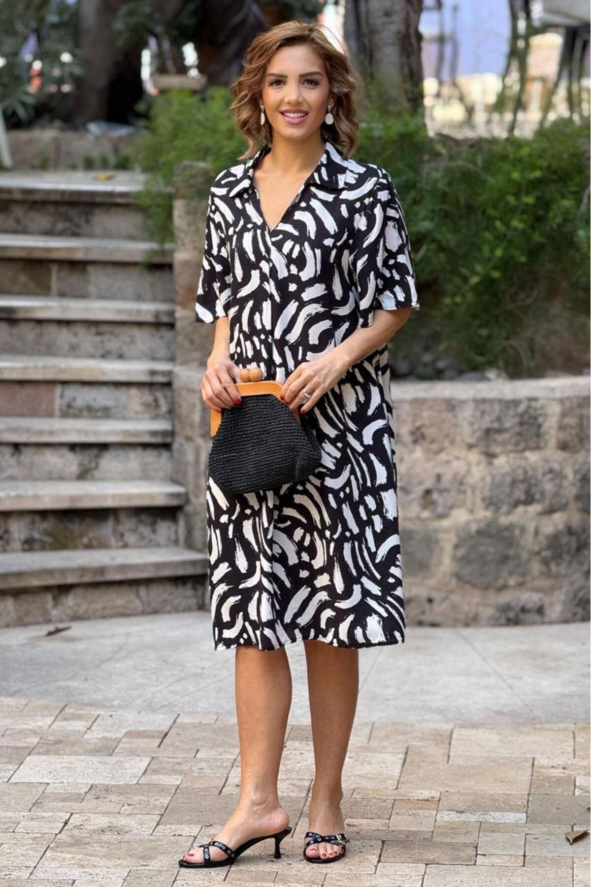 Nevin Kaya Moda-Rochie din viscoză din bumbac 100% guler de cămașă cu model Lal alb-negru 2