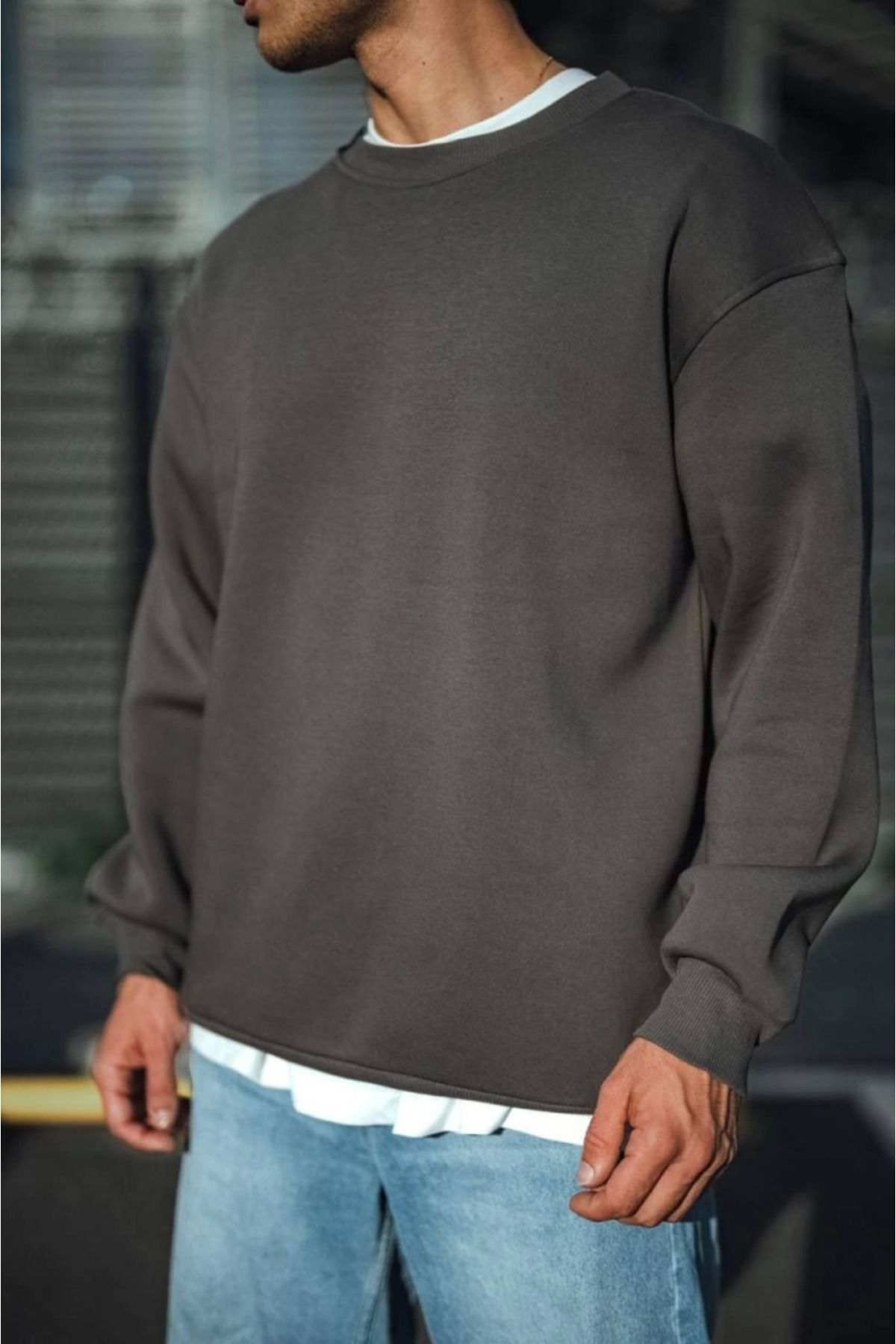 Melenza Kışlık Bisiklet Yaka Üç İplik Basic SweatShirt - Antrasit