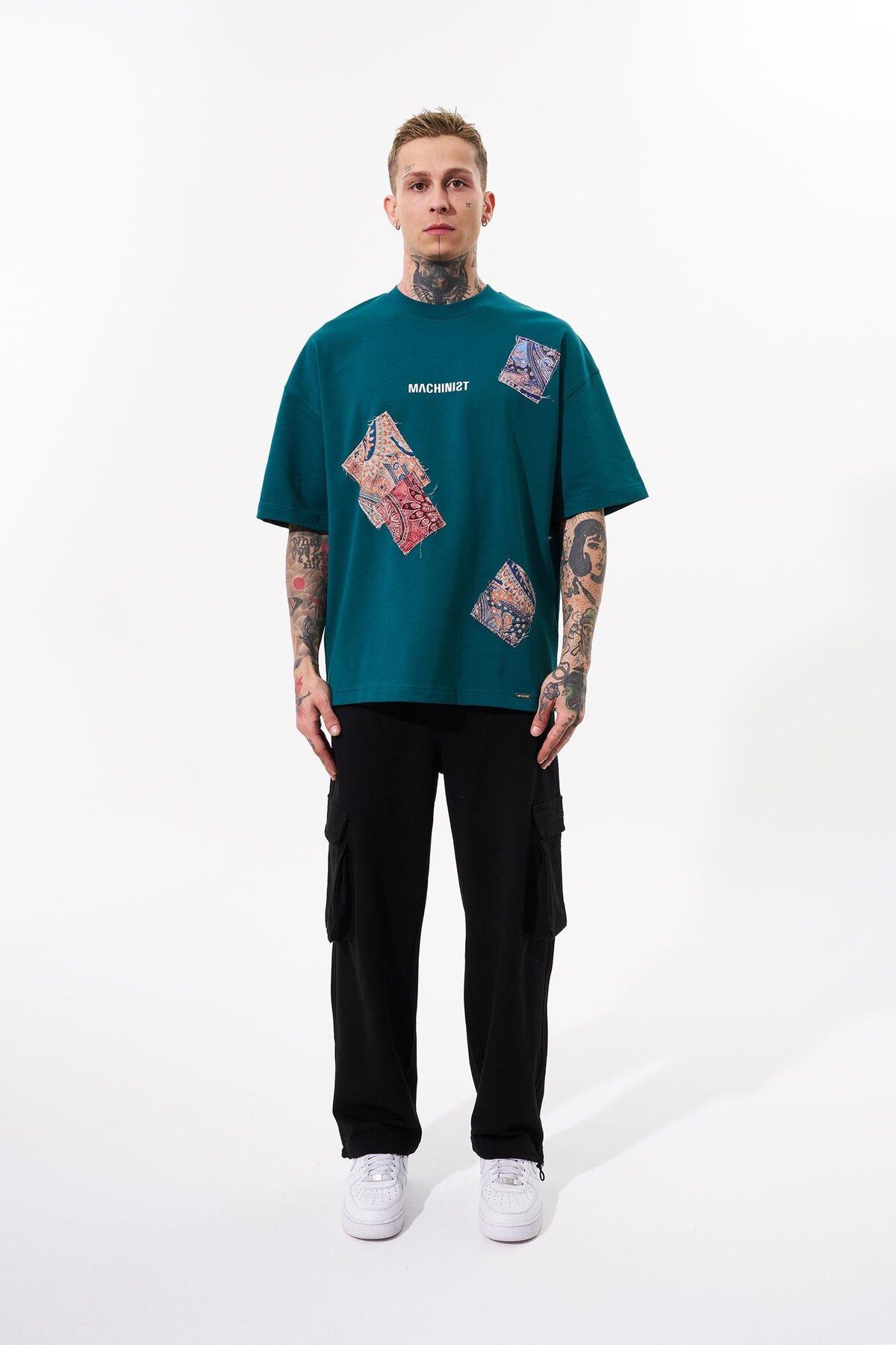 Machinist-Men's Patchwork Oversize Oil Green T-shirt 4