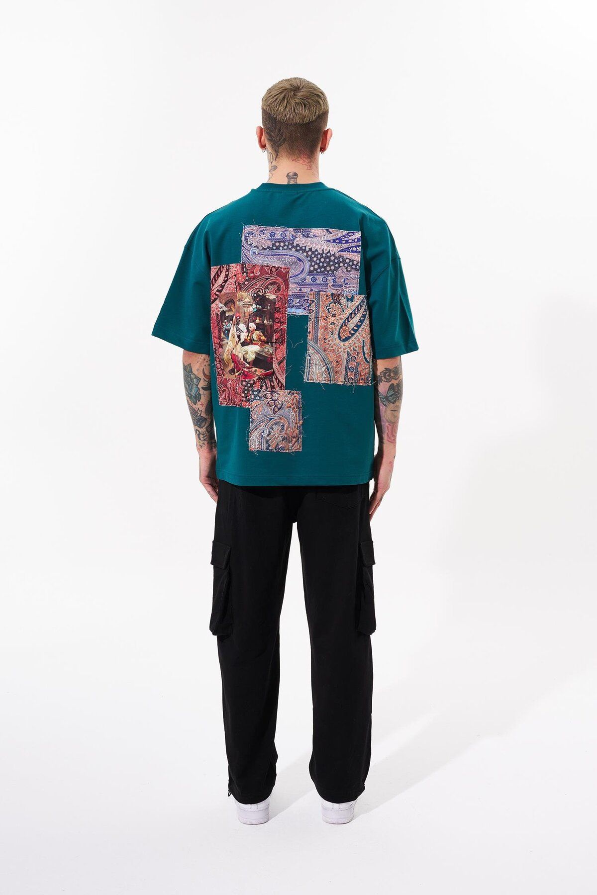 Machinist-Men's Patchwork Oversize Oil Green T-shirt 5