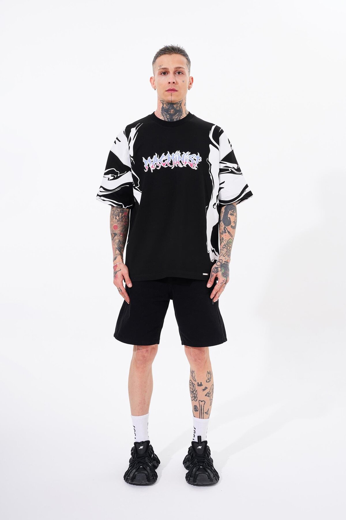 Machinist  Erkek Kol Baskılı Oversize Siyah Tişört - Görsel 4