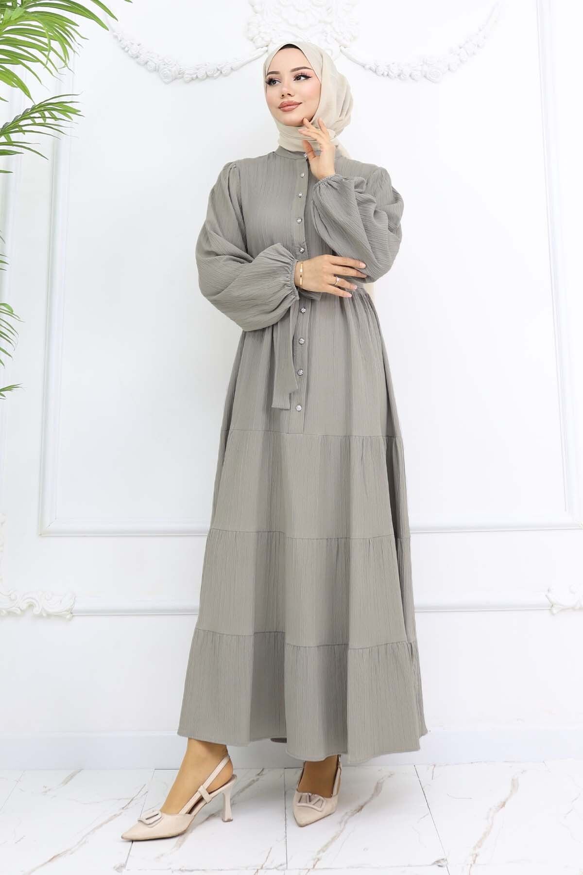 benguen-Καρδιά Καντράν με Πέτρινο Καντράν Hijab Φόρεμα Χακί 2268 4