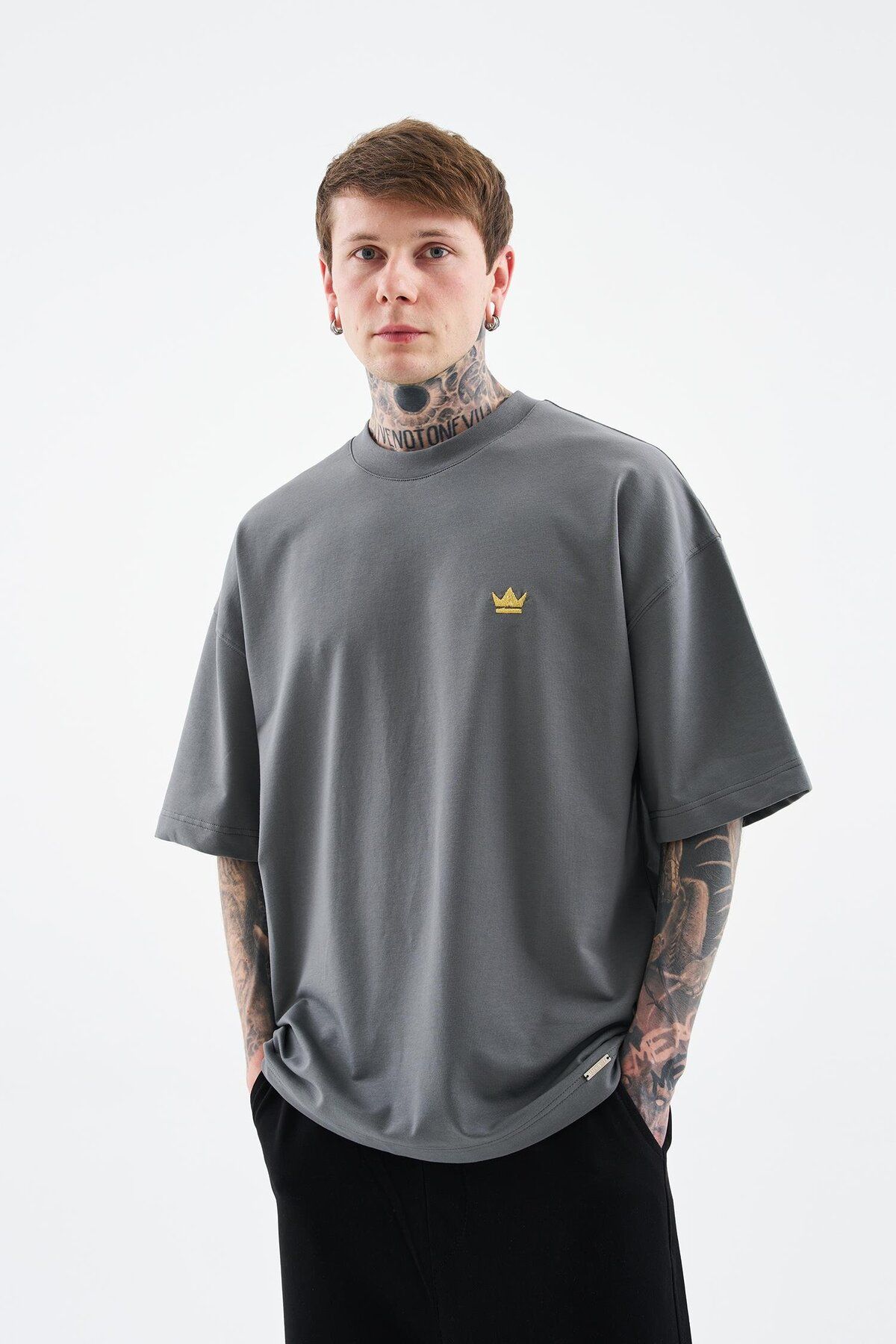 Machinist-Men's Printed and Glitter Embroidered Oversize Smoked T-Shirt 5