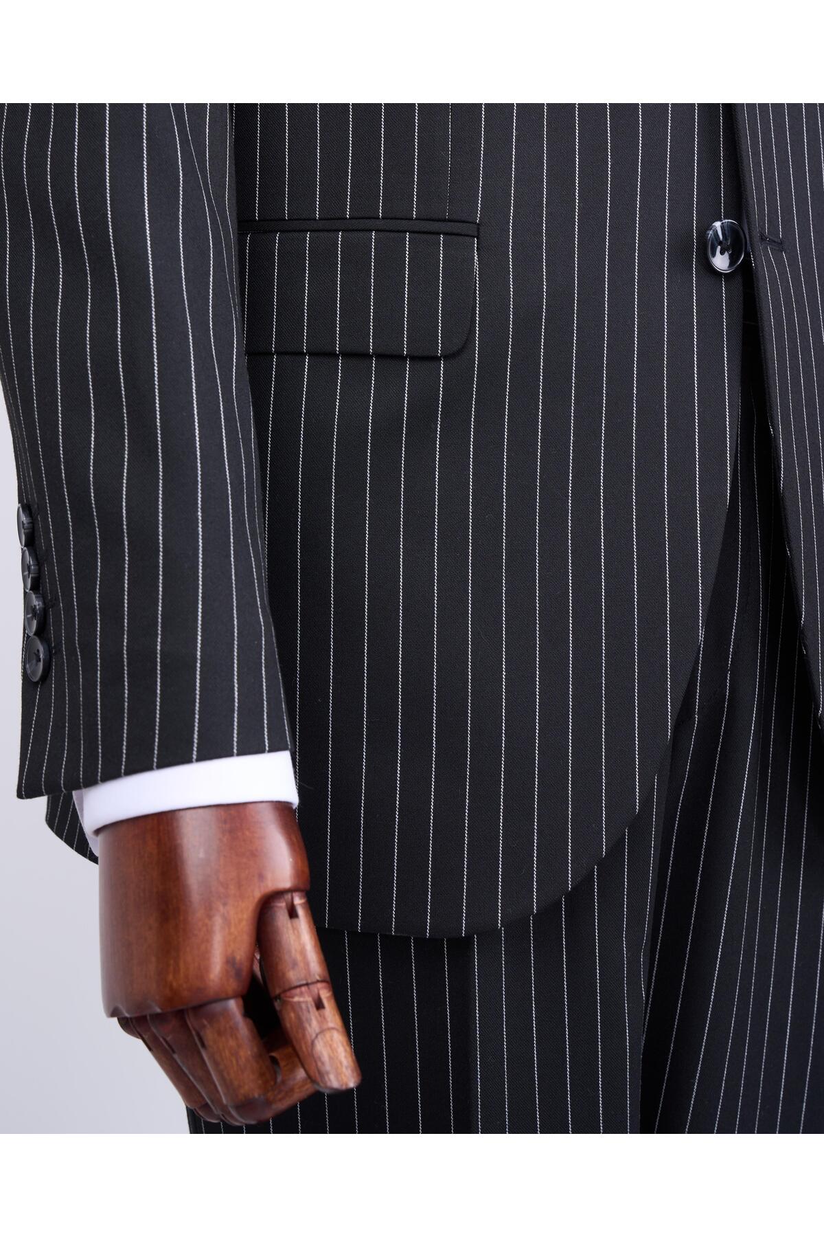TerziAdemAltun İtalyan stil slim fit çizgili ceket pantolon takım elbise siyah T11931 görsel 5