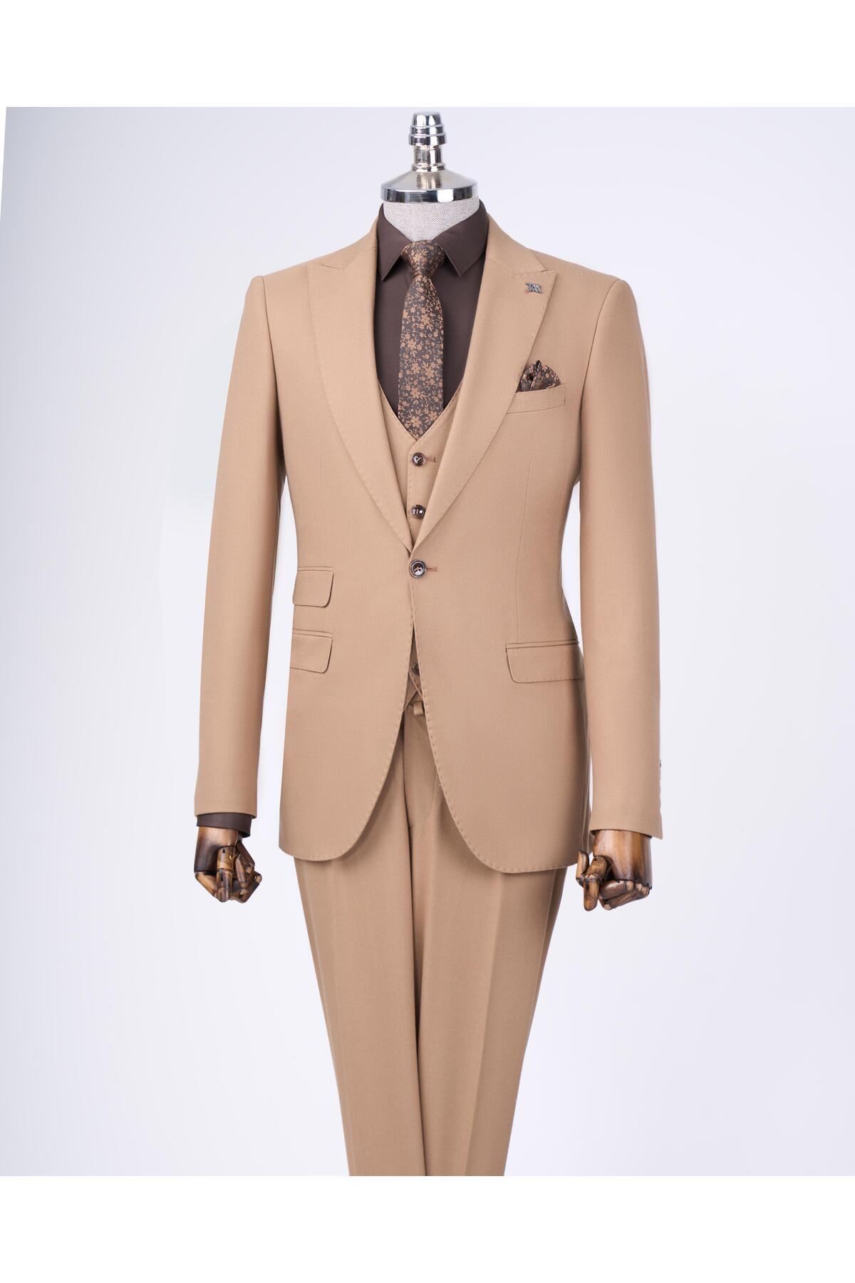 TerziAdemAltun Italian Style Slim Fit Jacket Vest Pants Suit Camel T11487