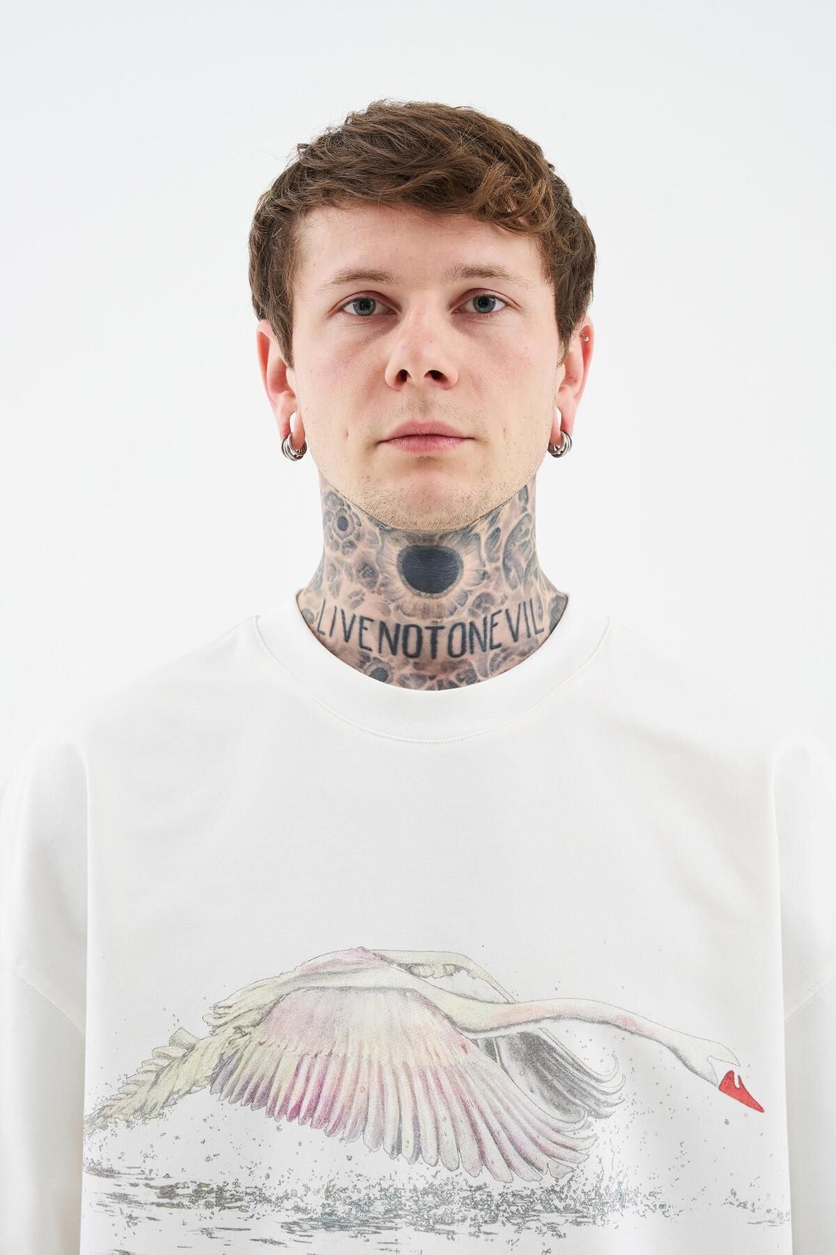 Machinist-Men's Swan Printed Oversize Space Gray T-Shirt 5