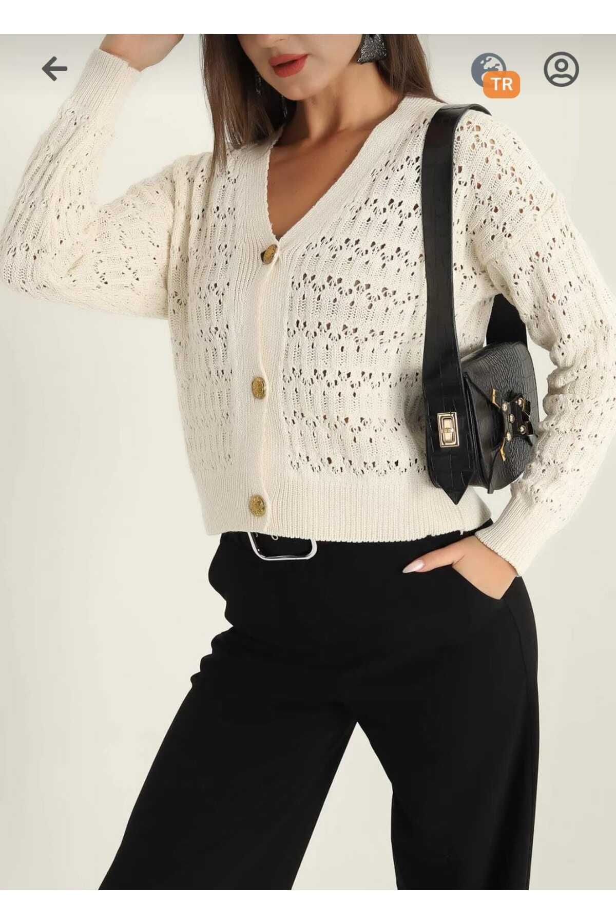 Fua Shop-Women's V-Neck Hollow Pattern Gold Button Cardigan 3