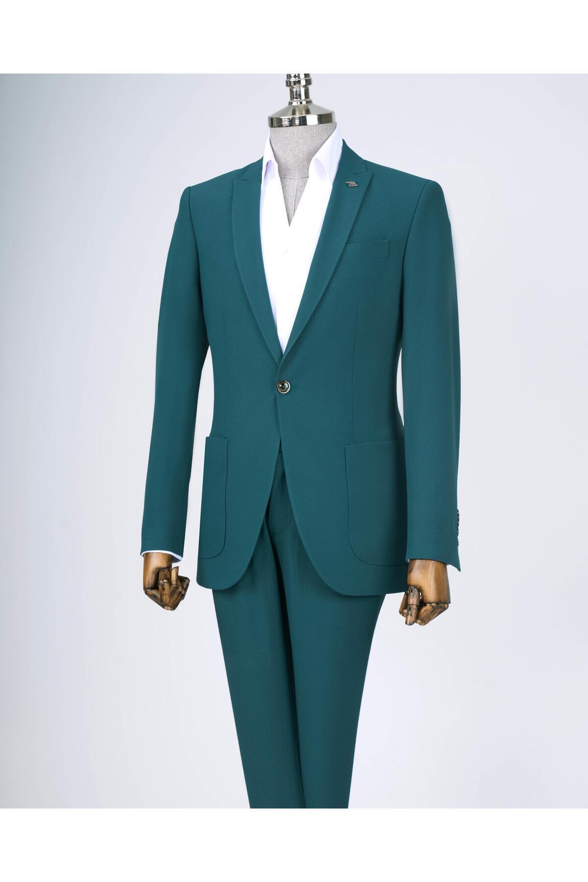 TerziAdemAltun İtalyan stil slim fit ceket pantolon takım elbise yeşil T12514 görsel 5