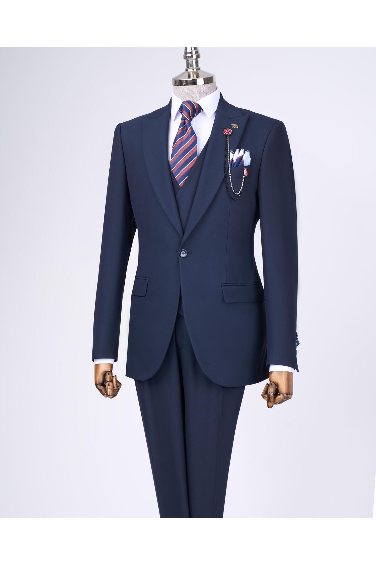 TerziAdemAltun Italian Style Slim Fit Men's Jacket Vest Pants Suit Navy Blue T12994