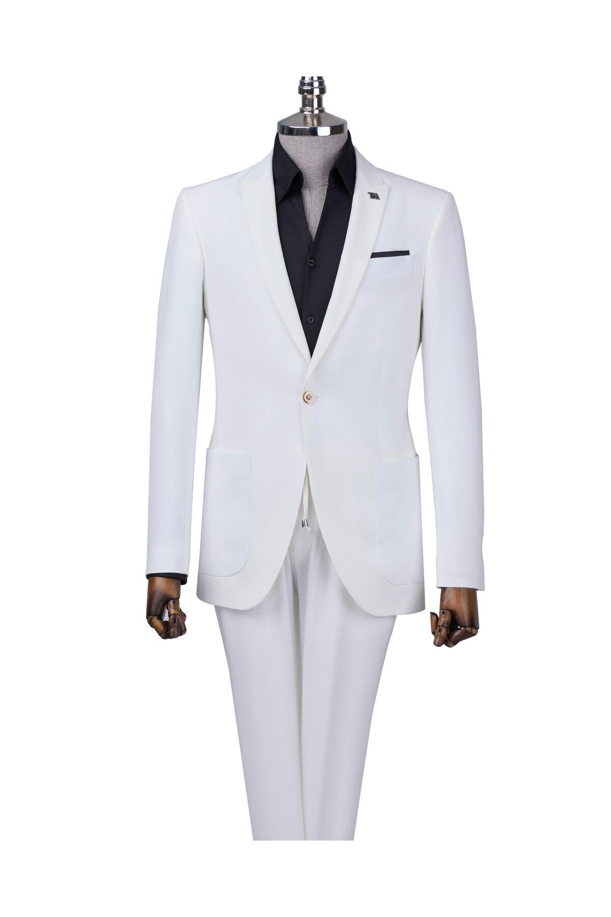 TerziAdemAltun İtalyan stil slim fit ceket pantolon takım elbise beyaz T12518 görsel 3