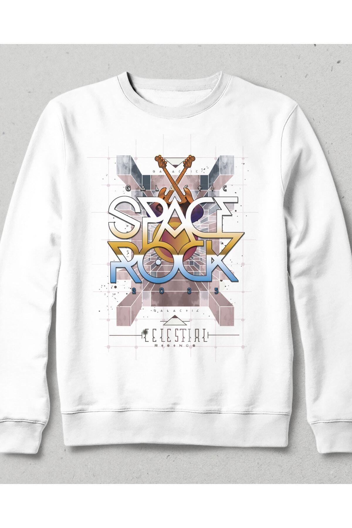 Pisa Art Space Rock Beyaz Cepsiz Kapşonsuz Sweatshirt
