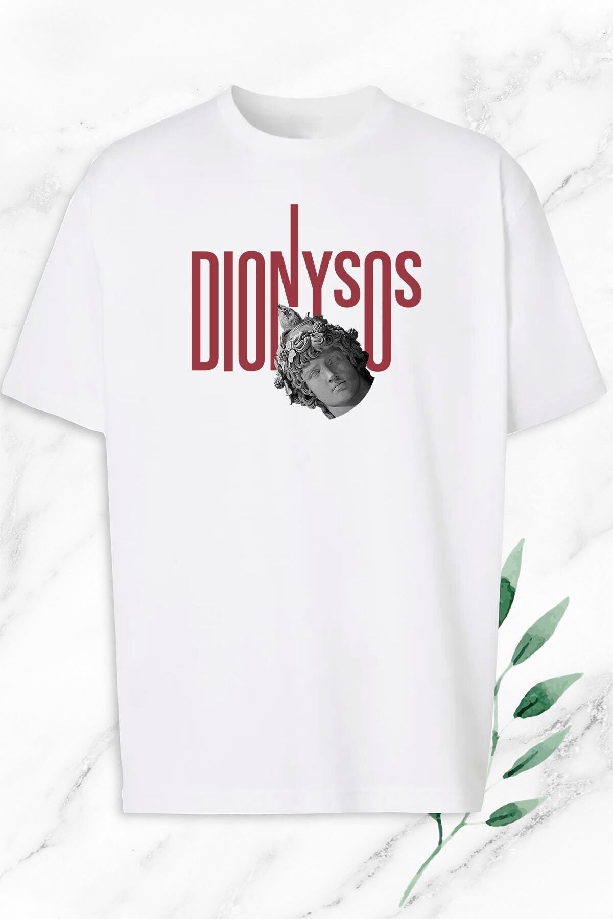 Pisa Art Unisex Beyaz Oversize Mitoloji Şarap Tanrısı Dionysos Baskılı Tişört