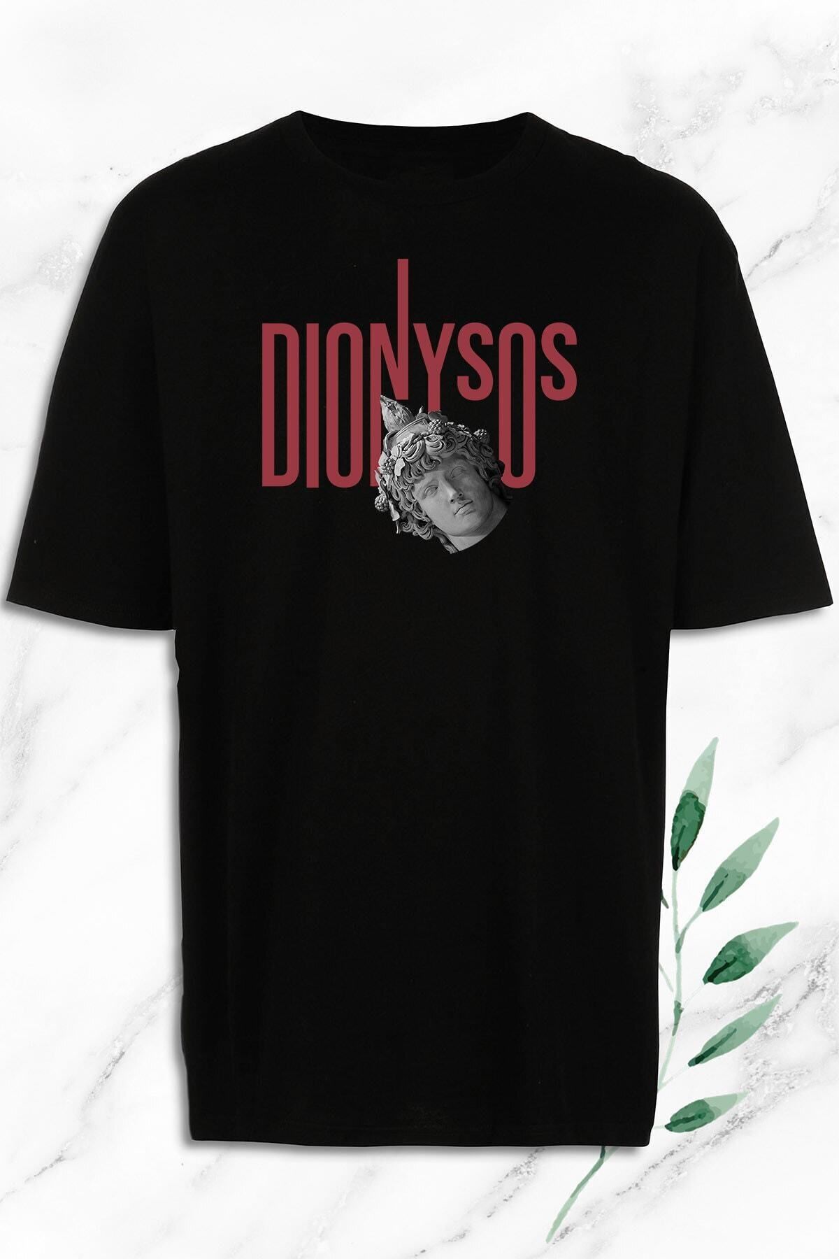 Pisa Art Unisex Siyah Oversize Mitoloji Şarap Tanrısı Dionysos Baskılı Tişört
