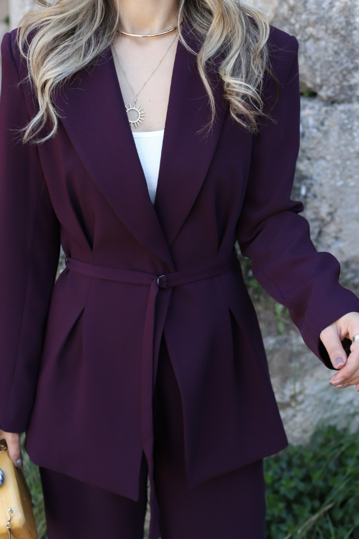 bytugcekaya-Plum Thin Belted Blazer Textile Accessories 4