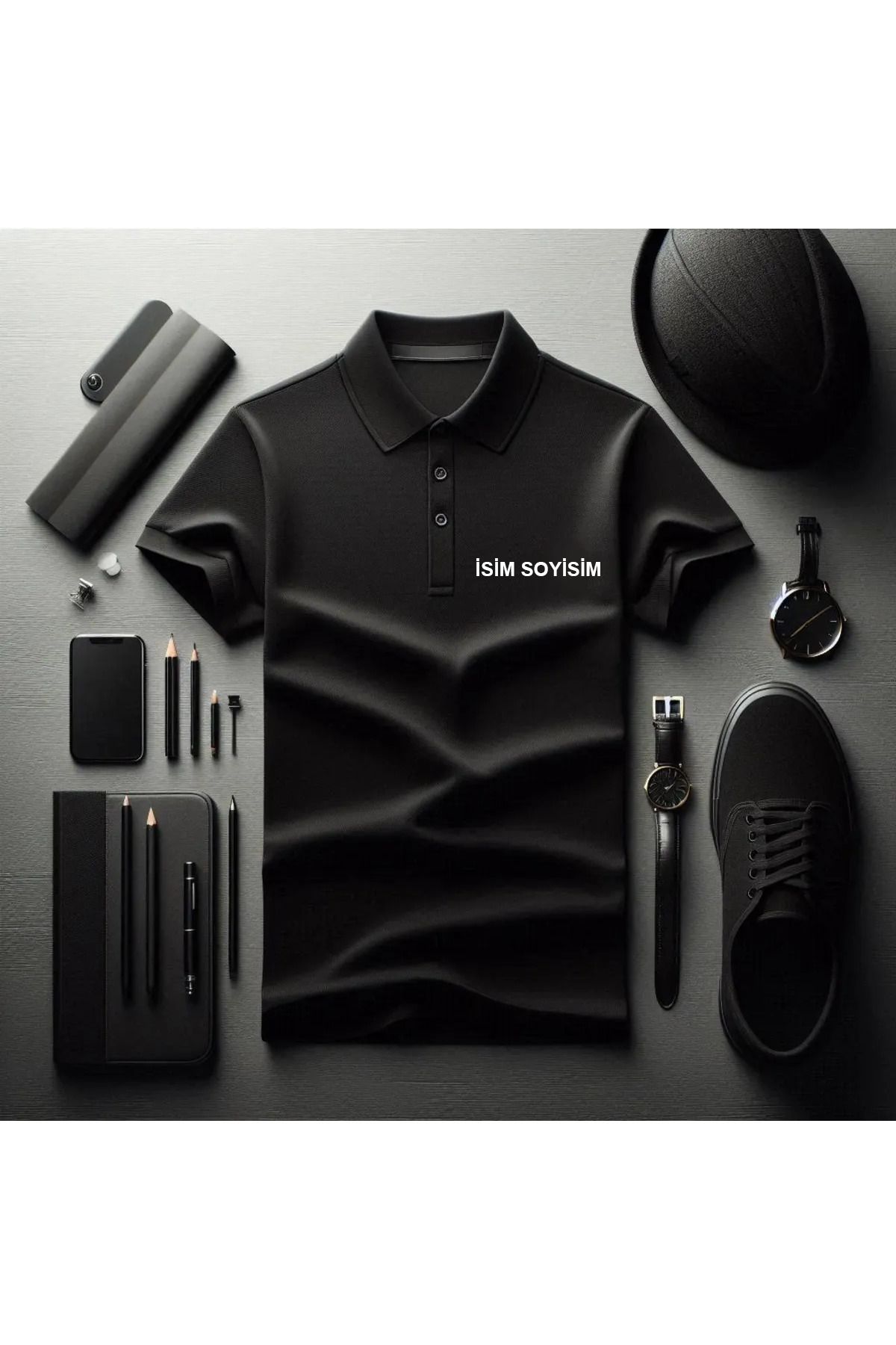 Pisa Art KİŞİYE ÖZEL İSİM SOYİSİM LOGO TASARIMLI PREMİUM KALİTE SİYAH POLO YAKA T-SHIRT