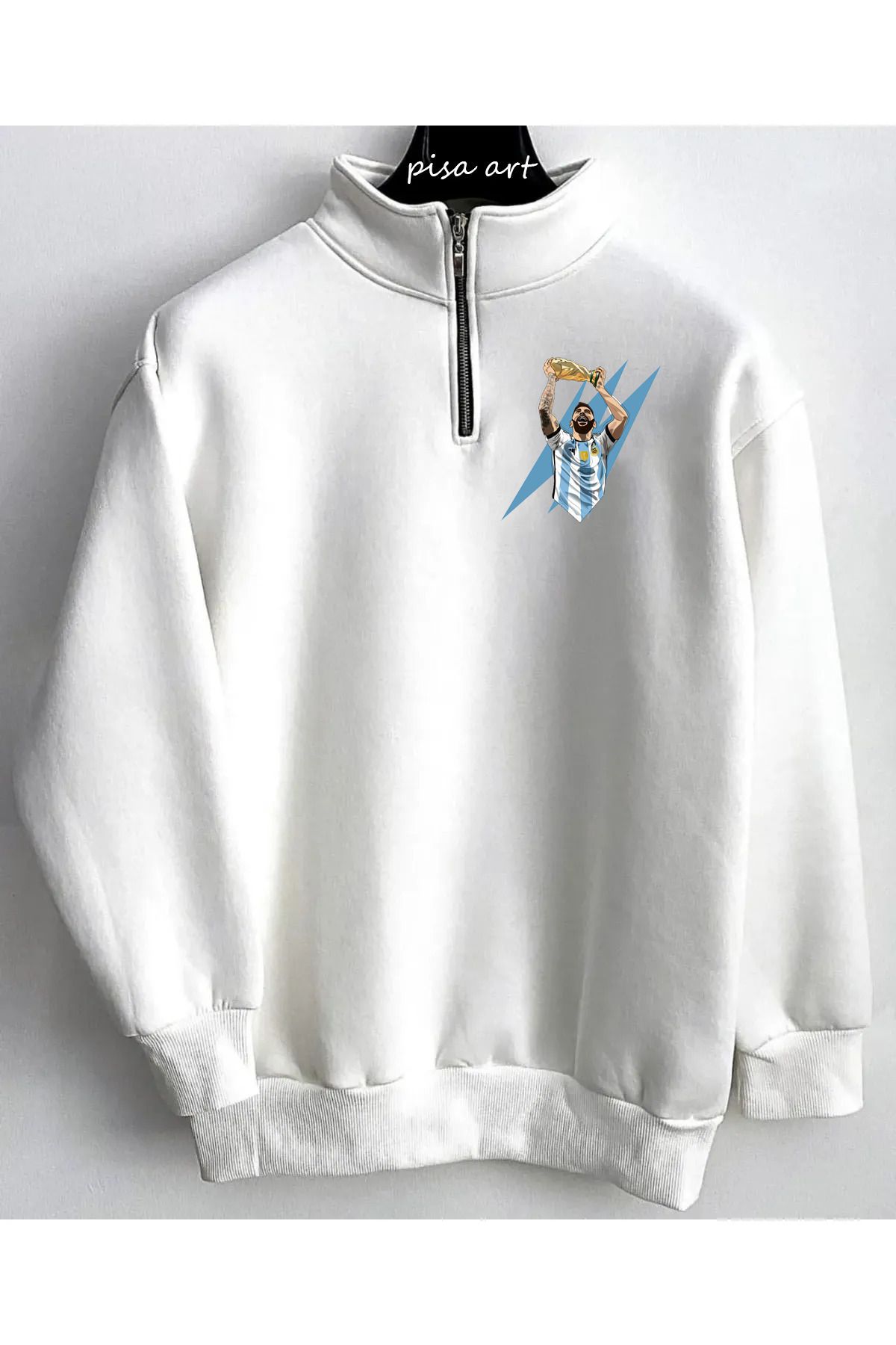 Pisa Art Lionel Messi Dünya Kupası 2022 Minimal Özel Tasarım Unisex Beyaz Yarım Fermuarlı Sweatshirt