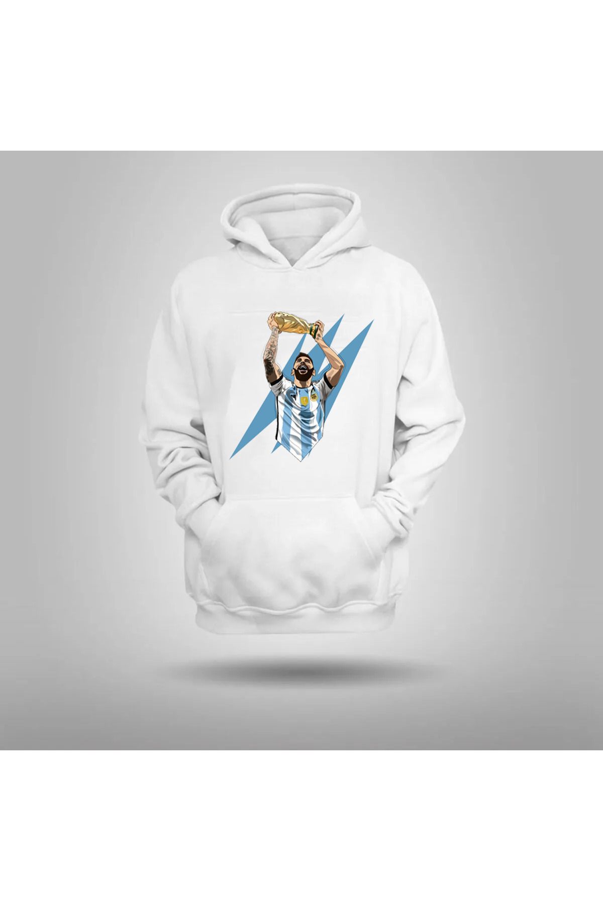Pisa Art Lionel Messi Dünya Kupası 2022 Özel Tasarım Unisex Beyaz Kapşonlu Fermuarlı Sweatshirt
