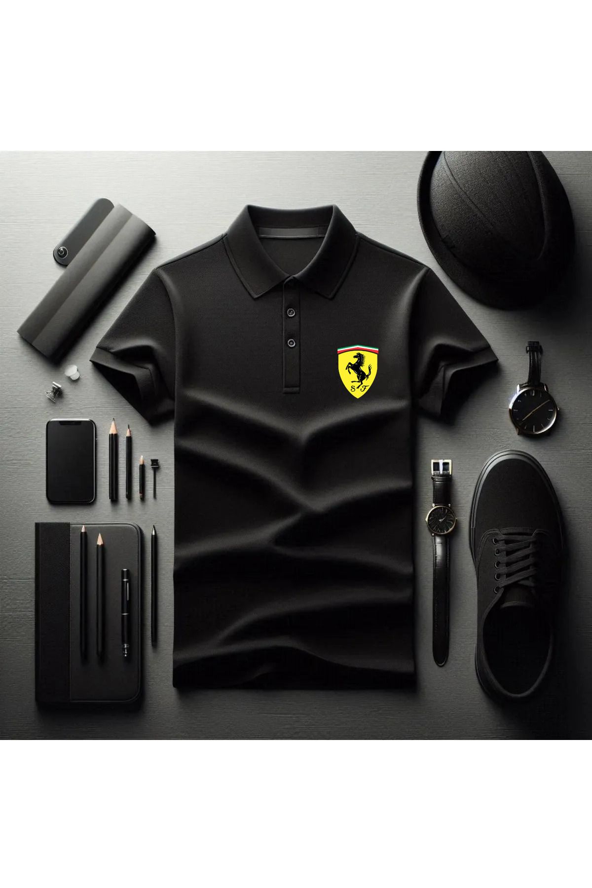 Pisa Art FERRARİ PREMİUM KALİTE SİYAH POLO YAKA T-SHIRT