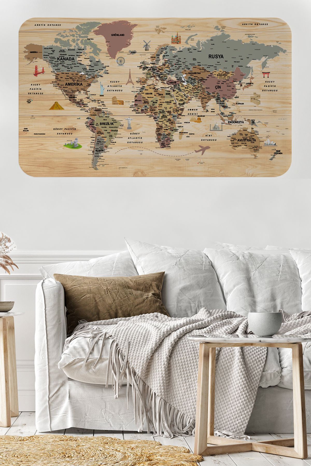 Haye Collection Ahşap Görünümlü Türkçe Eğitici Detaylı Atlası Dünya Haritası Duvar Sticker-60x105-3844