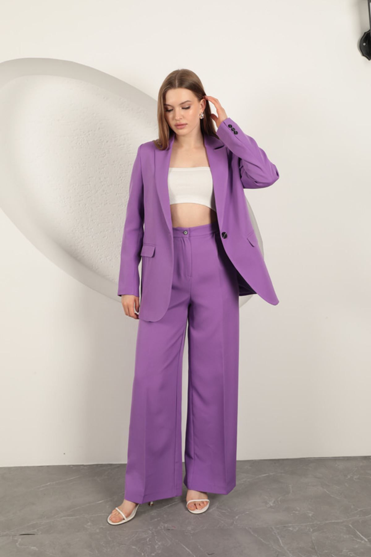 Pink Stil Atlas Kumaş Kadın Palazzo Pantolon-Lila