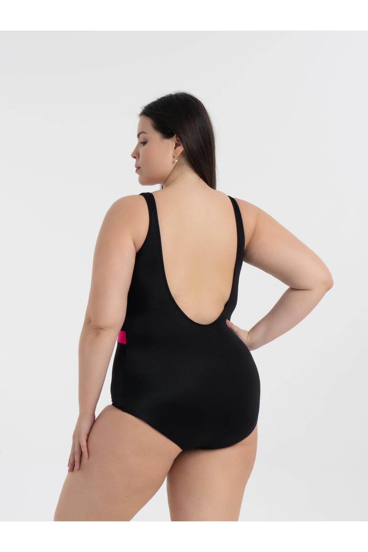 AQUAVİVA-Aquaviva Women's Plus Size Black-Pink Belinda Gathering Square Neck Swimsuit 4