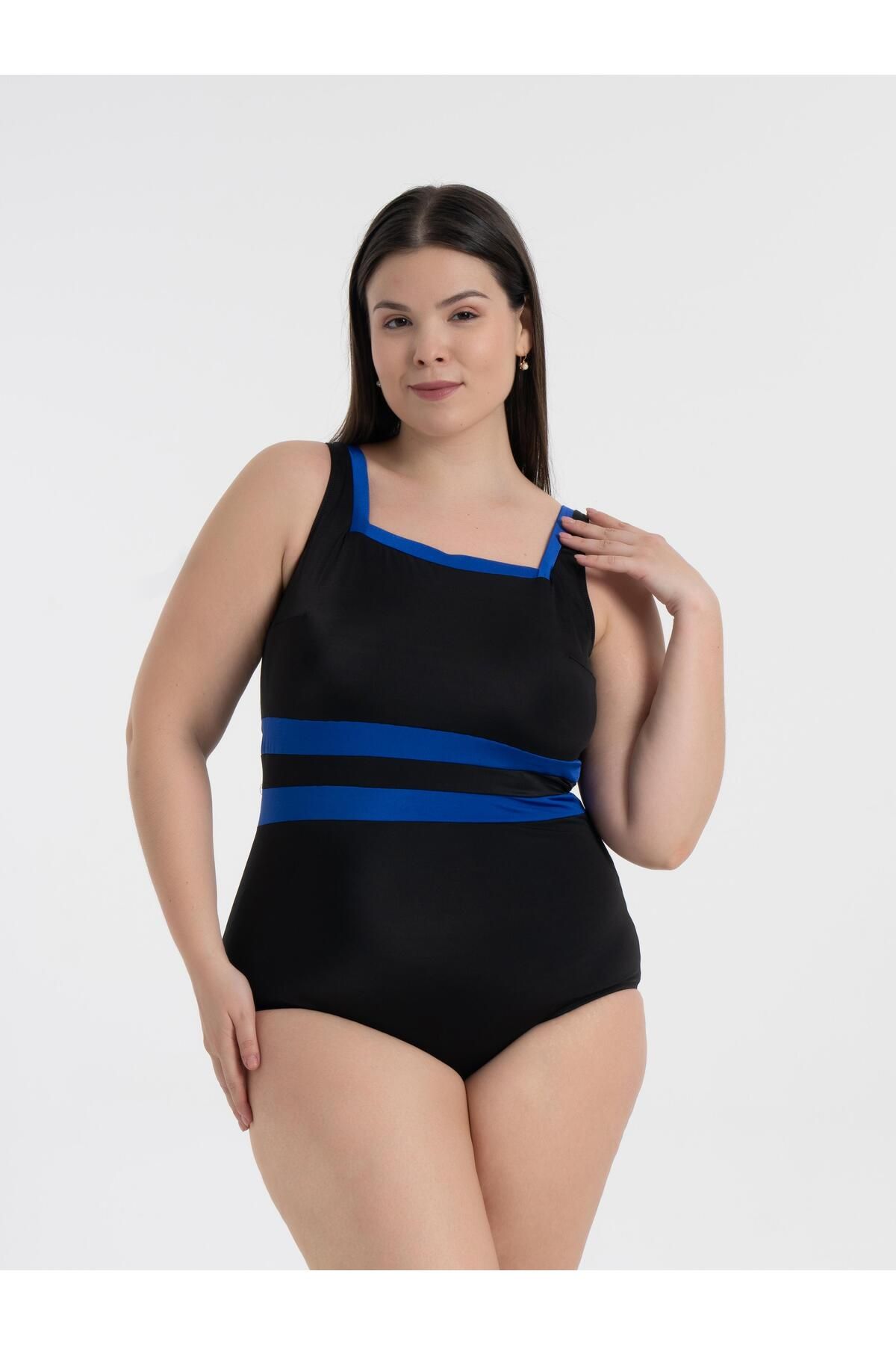 AQUAVİVA-Costum de baie Aquaviva pentru femei de mărime mare, negru -saks Belinda, cu guler pătrat 1