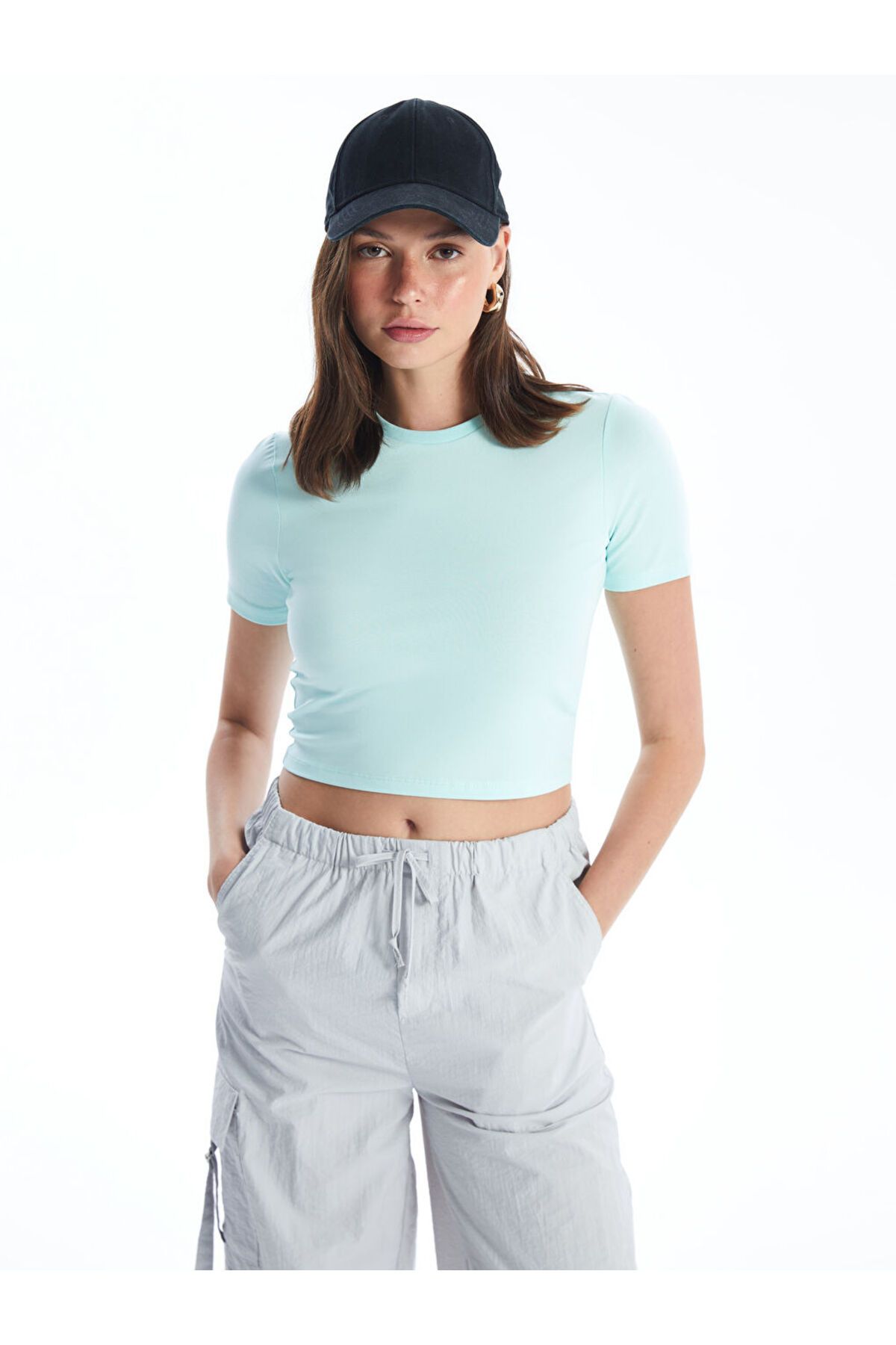 LC Waikiki Yeni Sezon Bisiklet Yaka Duz Kisa Kollu Kadin Crop - S4IY26Z8