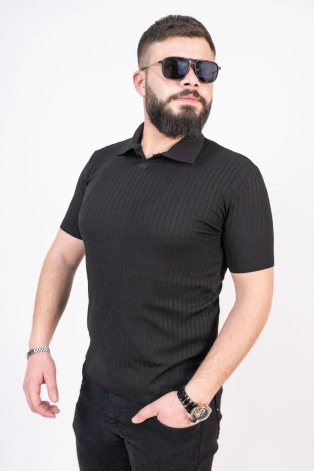 MHT STORE Triko Dokuma Yakalı T-shirt - Siyah