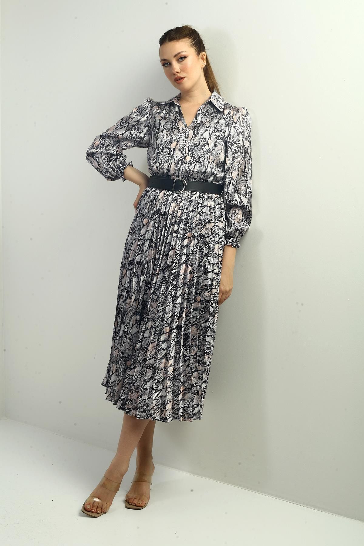 By Saygı-Women Front Half Buttoned Belted Lined Snake Pattern Pleated Midi Satin Dress 2