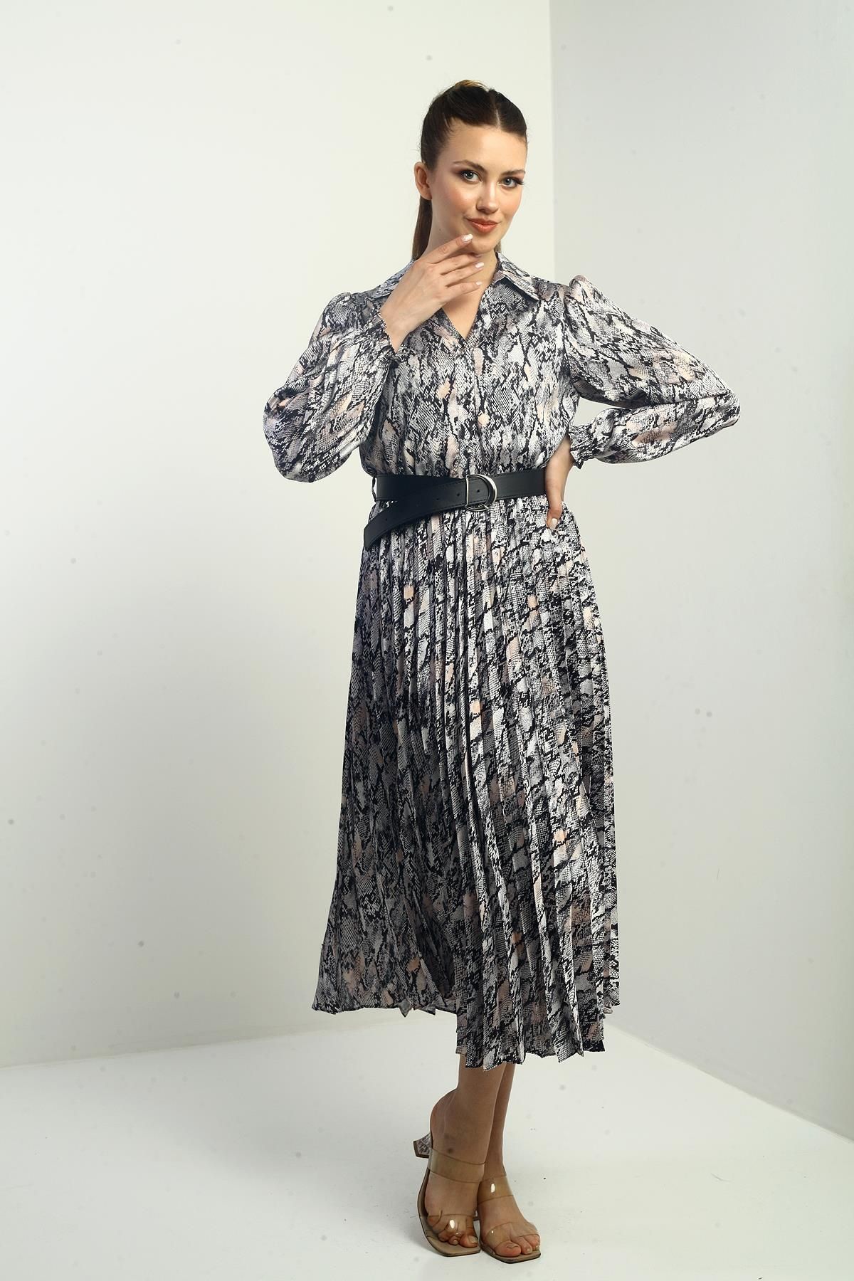 By Saygı-Women Front Half Buttoned Belted Lined Snake Pattern Pleated Midi Satin Dress 3